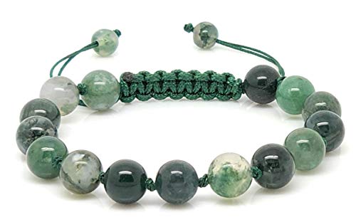 Preisvergleich Produktbild Jiveli Moosachat Edelsteinarmband 8mm Perlen - mit Knoten und verstellbarer Makramee - für Energiebilanz und Modebekleidung
