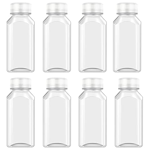 XYSMZM 8 Pcs 8 Oz Juice Bottles Plastic Mini Fridge Bottles, Leak Proof, Beverage Containers for Juice, Smoothie, Milk, White Lid Cover