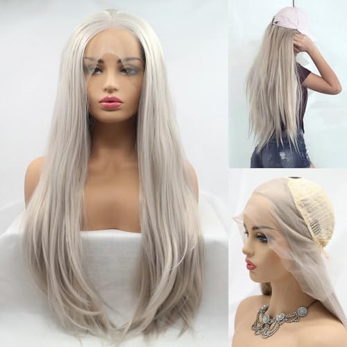 Pour femme Aspect naturel Blond platine synthétique Lace Front Perruques raides naturels doux Blond Long de remplacement pour cheveux, résistant à la...