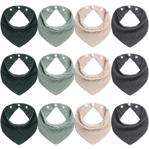 Image of CottCare 12-Pack Muslin Baby Drool Bibs 100% Cotton for Boys and Girls,Soft and Absorbent/Atrovirens/Green/Apricot white/Grey