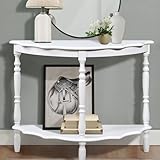MONMEE Small Half Moon Console Tables for Entryway, 2 Tier Curved Solid Wood Console Tables, Wooden Entryway Table for Living Room(Milk White)