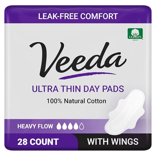 Image of Veeda Natural Cotton Day Pads for Women - Heavy Flow Absorbent Ultra-Thin Feminine Pad with Wings - Hypoallergenic Period pads - Unscented & Chlorine free Sanitary Napkins - 28 Count