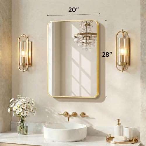 Image of Sweetcrispy Bathroom Mirror for Over Sink, 20x28 Inch Wall Mount Mirror with a Rounded Rectangle and Matte Metal Frame, Modern Wall Vanity Mirrors for Home Decor, Living Room, Bedroom, Gold