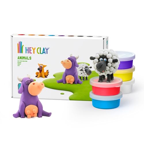 HEY CLAY - 6 Dosen lufttrocknende Knete für Kinder ab 3 Jahren - Kreatives Bastelset - Modelliermasse lufttrocknend Knete ab 3 Jahre (Tiere: Kuh Hündchen Schaf)