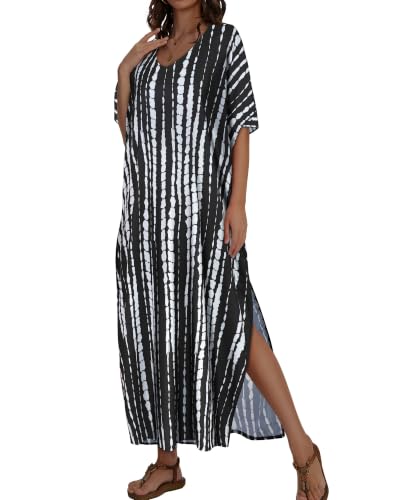 Image of Kaftan Dresses for Women V Neck Caftan Batwing Sleeve Swimsuit Cover Up | JILUVIN Plus Size Beach Swimwear Dress, Loose Fit Maxi Print Moomoo, Casual Mumu Nightgown Mrs Roper Costumes Vocation 2026