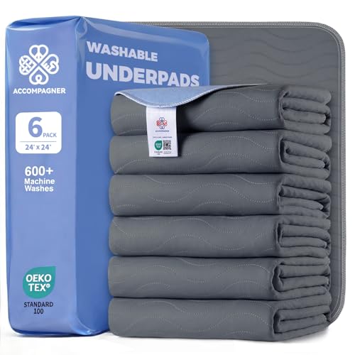 Image of Accompagner Incontinence Bed Pads Washable Waterproof, Ultra-Absorbent Reusable Underpads for Diaper Changing, Nursing, Bedridden, Adults, Seniors, Kids and Dogs (Dark Gray, 24 inchx24 inch(Pack of 6))