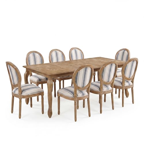 Image of Christopher Knight Home Bilas Extendable Dining Table Set for 8, Expandable Kitchen Table and Dining Chairs Set of 8, Rubberwood Dining Room Table Set for 8, Blue Vertical+Natural