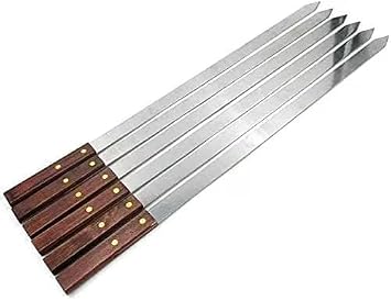 SDMAX 6X Flat Kebab Skewers with Wooden Handle, Flat Design, Comfortable Grip, Reusable Metal Skewer Sticks for BBQ, Cocktail, Shish Kabob, Easy to Clean Skewers 40cm