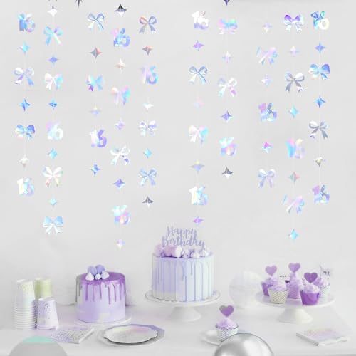 Image of Iridescent 16th Bow Birthday Decorations Metallic Conquette Bow Garland Streamer Banner Backdrop for Girls Boys Happy 16th Birthday Sweet Sixteen Cheers to 16 Years Old Anniversary Party Supplies