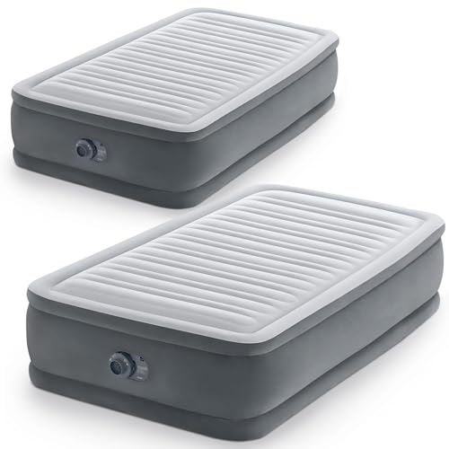 Intex Twin Size Dura Beam Deluxe Comfort Plush Air Mattress Fiber Tech Airbed with Built-in Pump and Portable Storage Carrying Case, 2 Pack, Gray
