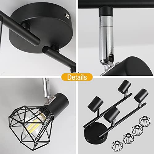 Ceiling Light Rotatable 4 Way Adjustable Retro Ceiling Spotlights Black Metal Caged Shades Spotlight Fitting for Kitchen Living Room Bedroom (No Bulbs)