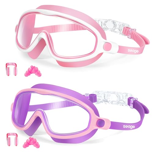 Kids Goggles for Swimming 2 Pack No Leaking Anti-Fog Outer Eye Fit with Wide View UV Protection Crystal Clear Watertight Swim Goggles with nose cover...