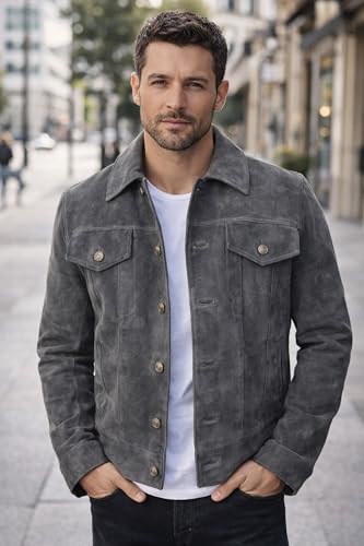 Image of LP-FACON Mens Western Style Trucker Suede Leather Jacket | Cowboy Jacket Collection
