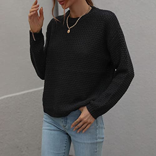 Fall Sweaters, Clothes Sweatshirts Cardigans For Women Long Length Women's Autumn And Winter Solid Round Neck Sleeve Knit Sweater Pullover Lightweight Cardigan Women's Sweat Shirts (L, Black) #TOP4