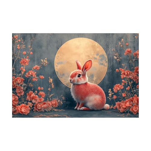 Tableau decoration murale chambre lapin - Toile fleurie grise 60x80cm pour salon zen