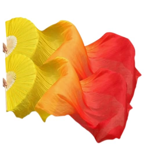 Women Chinese Belly Dance Silk Fan Veils (Left+Right) 1 Pair Long Fans for Dance Performance (Yellow Orange Red)