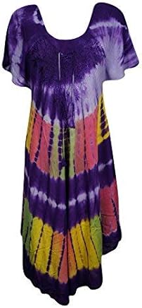 Mogul Interior Elina Women Sundress Embroidered Tie-Dye Lace up Resort Dresses Blue