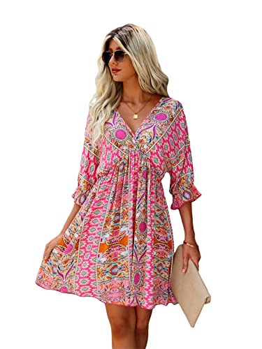 Romwe Women's Boho Tribal Print Short Sleeve V Neck Tie Back Summer Shift Dress Hot Pink M #TOP2