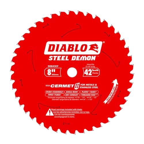 Diablo Steel Demon Cermet II Saw Blade for Thick Metal - 8" Diameter, 42 TCG Teeth, 5/8" Arbor, .075" Kerf, 0" Hook Angle, .063" Plate, 4300 Max RPM - D0842CF