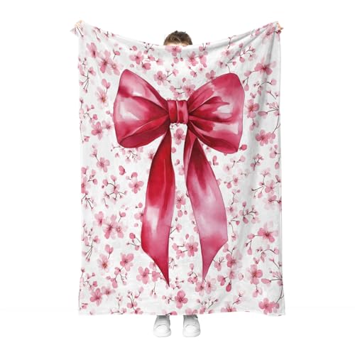 Hohoto Pink Bow Flowers Floral Blanket Gifts for Women Kids Girls Lady Birthday Christmas Decor Mom Wife Sisters Daughter Grandmother Easter Mother's Day Throw Blankets 50"x60"