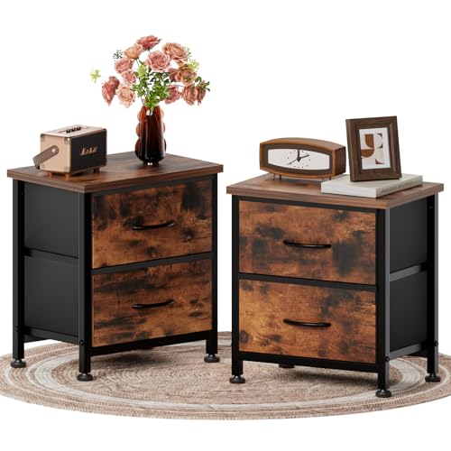 Simple Deluxe Nightstand 2 Drawers Dresser for Bedroom, 3-Tier Bedside Table with Fabric Bins, Night Stand Set 2, End Table for Living Room, wood top Load-bearing up to 44 lb, Rustic Brown Grain Print