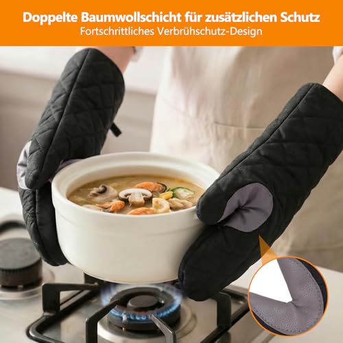 Halinuia 2 Stück Ofenhandschuhe mit 2 Topflappen,Hitzebestaendig Topfhandschuhe,Baumwolle Rutschfest Topflappen Handschuh,Schutz Verstärken Backhandschuhe Schwarz für Kochen Backen Grillen Auflaufform