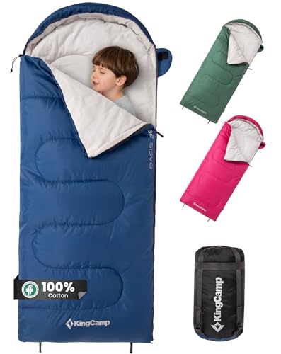KingCamp Saco de Dormir Infantil de algodón, Ligero e Impermeable, Apto para Camping en Interiores y Exteriores, para niños de 10 a 12 años (hasta 100 140 cm), Azul