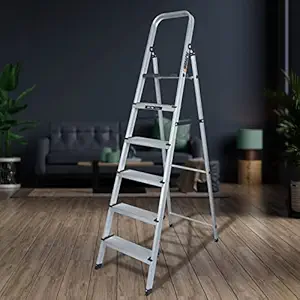 Plantex Big Foot - Widest Steps - Fully Aluminium Folding 6 Step Ladder for Home - 6 Wide Step Ladder (Black-Silver)