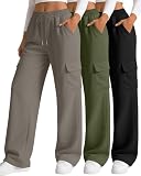 Neer 3 Pack Pantalones Cargo Deportivos para Mujer, Pantalones Holgados de Pierna Ancha, Joggers Casuales con 4 Bolsillos(Negro, Verde Militar, Café,L)