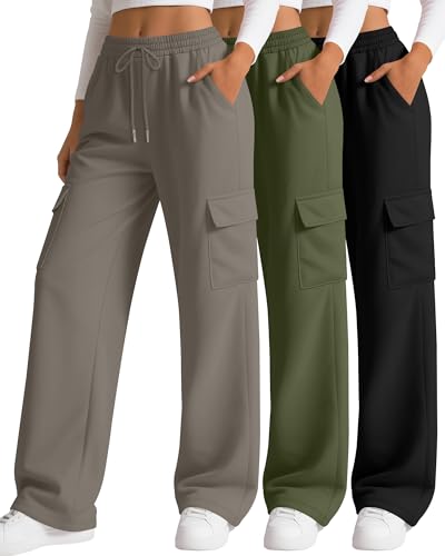 Neer 3 Pack Pantalones Cargo Deportivos para Mujer, Pantalones Holgados de Pierna Ancha, Joggers Casuales con 4 Bolsillos(Negro, Verde Militar, Café,L)