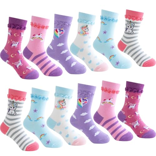 Cirorld Chaussette Enfant Fille en Coton, Chaussettes Fantaisie Originales, Chaussettes Fille à Licorne, Sirène, Animaux, Pois, Rayures, Lot de 6