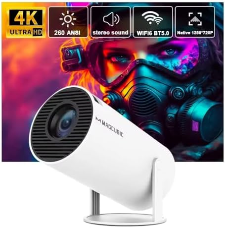 Mini Projetor Portatil 5G Wifi 6 BT 5.0 Android 11, 4K 1080P Full HD Suporte 8000 Lumens, Led Auto de Correcção Trapezóide Horizontal, 180°Girável para Telefónico