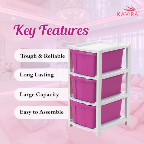 Image of Kavira Plastic Drawer Storage Tower - Space Organizer|Pink,3 Layer