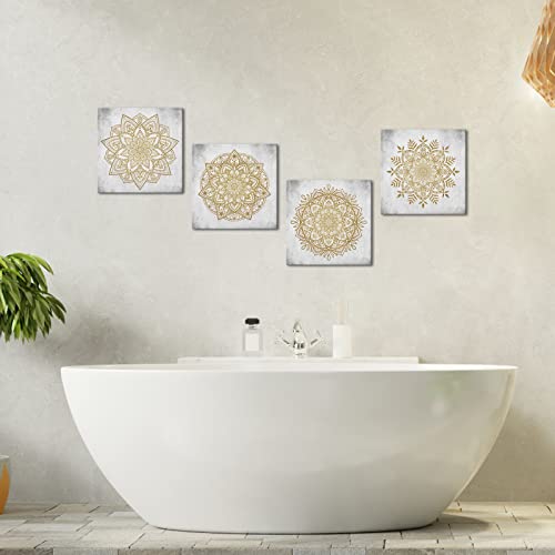 Homeoart Boho Mandala Flower Art Print Bathroom Wall Decor Boho Floral Painting Canvas Prints Framed Artwork Bedroom Living Room Office Decor 12 X 12 Inch X 4 Panels, Gold And Grey #TOP3