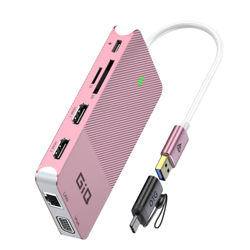 Estación de Acoplamiento USB GIQ USB C HUB USB 3.0 a Dual HDMI VGA Adaptador, Triple Pantalla USB C Estación de Acoplamiento para portátil, Pantalla Dual Compatible con MacBook M1 USB Dock, Oro Rosa