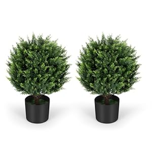 21”T Artificial Cedar Topiary Ball Tree 2 Pack, Outdoors Artificial Shrubs Fake Plants Uv Rated Potted Plants for Outdoor, Indoor, Front Door, Office Decor.