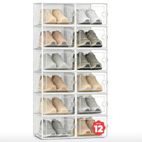 JUPPLIES Cajas de Zapatos Transparentes   Zapatero Plastico Apilable con Apertura Frontal, Ventilación y Sistema Antivuelco, Organizador de Zapatos con Montaje Fácil sin Herramientas (Pack de 12)