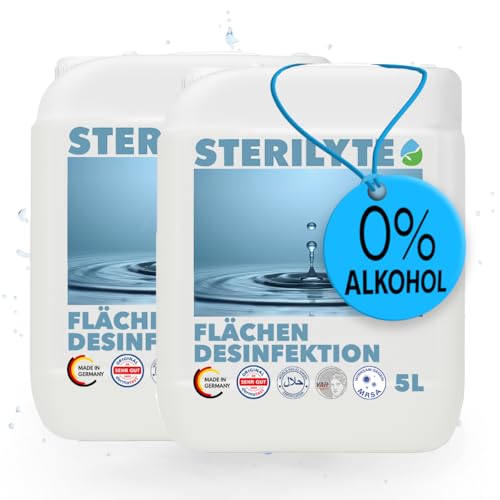 STERILYTE Flächendesinfektionsmittel Kanister 2 x 5 L – Nachhaltig, alkoholfrei & hochwirksam - Desinfektionsmittel für Flächen vielseitig einsetzbar – Halal zertifiziert, MADE IN GERMANY