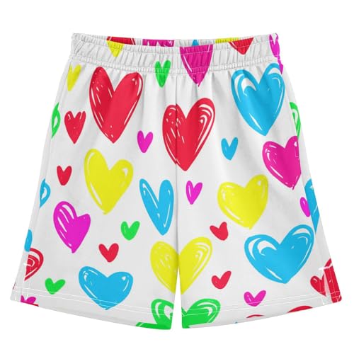 J JOYSAY Colorful Heart Shape Boys Athletic Shorts Kids Youth Casual Shotrs with Elastic Waistband Pockets