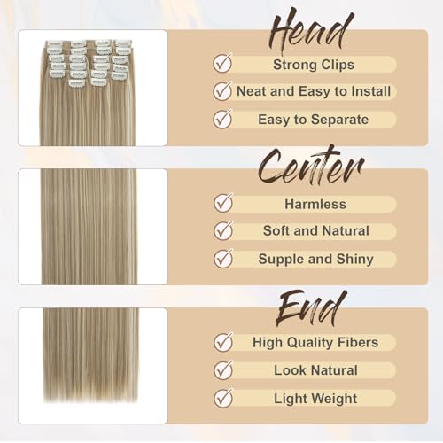 Benehair 22" Clip in Hair Extensions 12 Pcs Long Straight Hair Extensions Clip in Synthetic Fiber Natural Extension Light Brown mix Ash Blonde Hair Piece for Women(Light Brown mix Ash Blonde, 180g) - Image 5