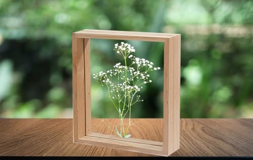 Image of Desi Rang Wooden Rectangular Frame For Wall Decor Table Top Hanging Any Green Or Dry Plant Leaf Picture Photo DIY Gift Home Decoration (Natural,Rec,7.7X5.5 Inch,With White Flower)