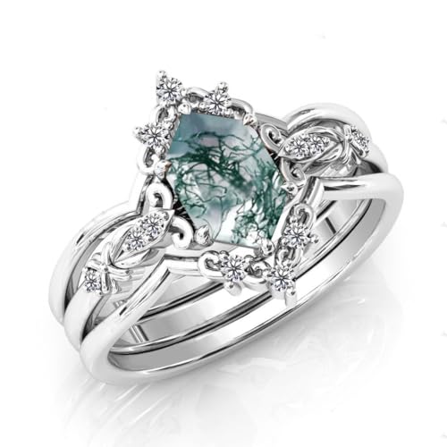 Natural Moss Agate Engagement Ring Set 925 Sterling Silver Rings for Her with Free Engraving Jewelry Gift for Women Moss Agate Vintage Ring Set-82