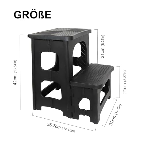 2 Stufen Tritthocker Klappbar Klapphocker mit Tragegriff Rutschfester Trittschemel Fußhocker Tragbaren Faltbarer Wetterfest für Küche, Haus, Büro, Draußen