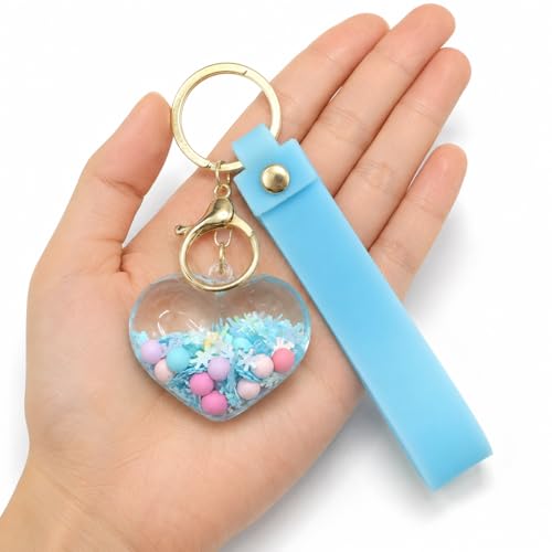 Image of Wanna Party Heart Shaped Beads Keychain with Blue Wrist Strap, Cute Bag Charm Key Ring for Girls, Backpack Accessories, Birthday Return Gifts, Party Favors, School Bag Decoration - 1PC