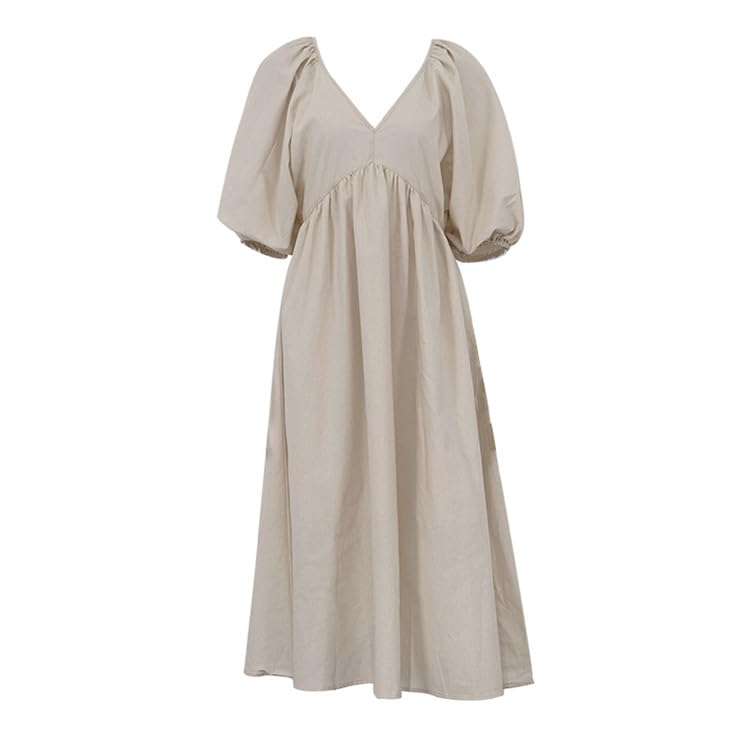 v-Neck mid-Sleeve lace Back Casual Dress - Cotton Solid Color Long Dress for Early Fall Fashion