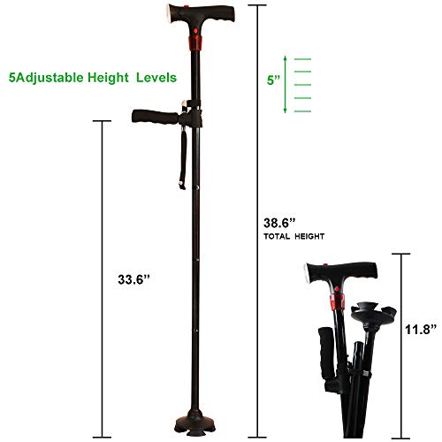 urge medical Clever Cane with LED Light,Travel Adjustable Folding Walking Canes, Security Alarm, Two Cushion Handles - Foldable, Light Weight Walking Stick for Arthritis Seniors Disabled and Elderly