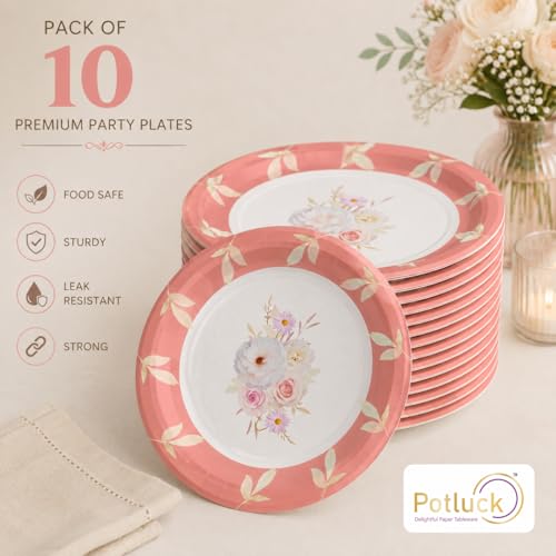 Image of Potluck Peach Floral Disposable Paper Plates | 9 Inch Food Grade Tableware for Parties | Events, Snacks & Meal Serving