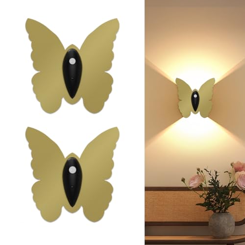Image of Eneru Motion Sensor Wall Sconce Set of 2, Rechargeable Wall Lights, Indoor | 5000mAh Battery Operated Wall Sconces, Motion Activated, Magnetic Butterfly Night Light for Hallway Stair Closet Pantry, Gold