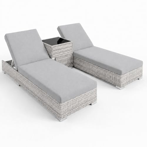 set 2 lettini prendisole in polyrattan con tavolino contenitore e cuscini schienale regolabile sdraio da giardino terrazzo piscina relax outdoor arredo esterno 184 x 60 x 21 cm grigio chiaro
