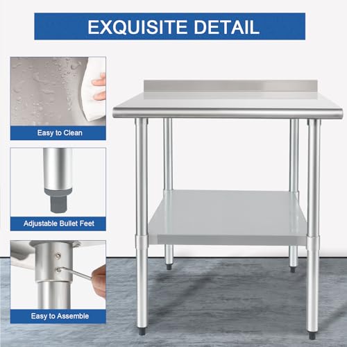 Image of HARDURA Stainless Steel Table Prep Work Table 30 x 36 Inches NSF Heavy Duty Commercial with Undershelf and Backsplash for Food Prep